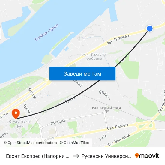 Еконт Експрес (Напорни Тръби) / Econt Express (Pressure Pipes) to Русенски Университет ""Ангел Кънчев"" - Корпус 2 map