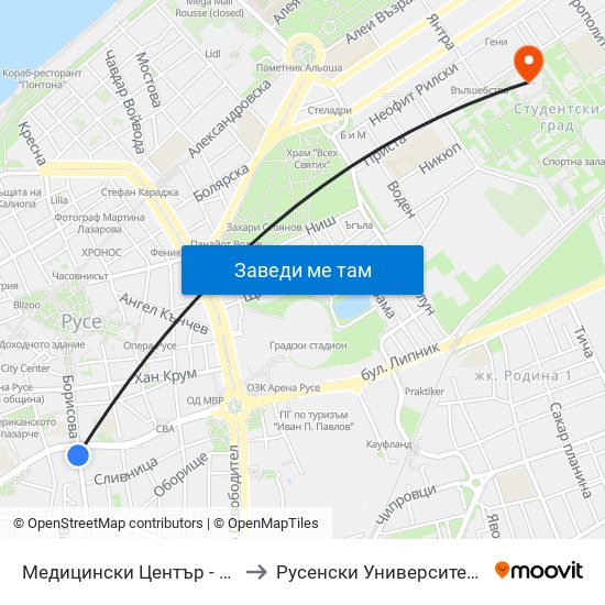 Медицински Център - Запад / Medical Centre - West to Русенски Университет ""Ангел Кънчев"" - Корпус 2 map