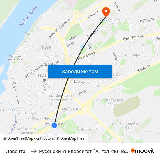 Левента - Юг to Русенски Университет ""Ангел Кънчев"" - Корпус 2 map