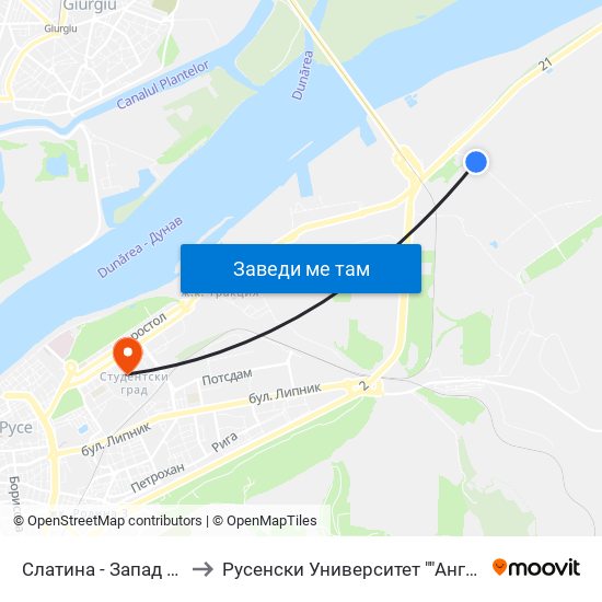 Кв. Слатина - Запад to Русенски Университет ""Ангел Кънчев"" - Корпус 2 map