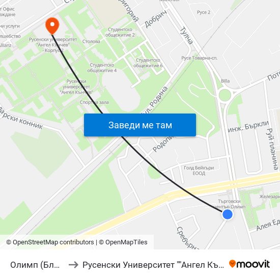 Олимп (Блок №49) to Русенски Университет ""Ангел Кънчев"" - Корпус 2 map