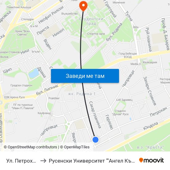 Ул. Петрохан №39 to Русенски Университет ""Ангел Кънчев"" - Корпус 2 map