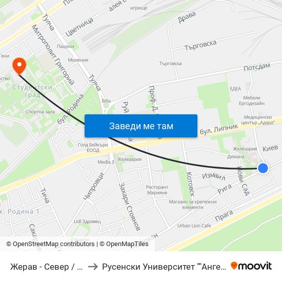 Жерав - Север / Zherav - North to Русенски Университет ""Ангел Кънчев"" - Корпус 2 map