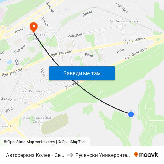 Автосервиз Колев - Юг to Русенски Университет ""Ангел Кънчев"" - Корпус 2 map