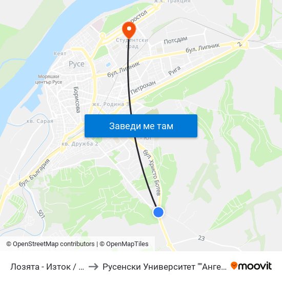 Лозята - Изток / Lozyata - East to Русенски Университет ""Ангел Кънчев"" - Корпус 2 map