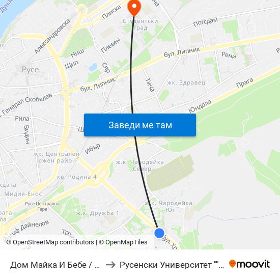 Дом Майка И Бебе to Русенски Университет ""Ангел Кънчев"" - Корпус 2 map