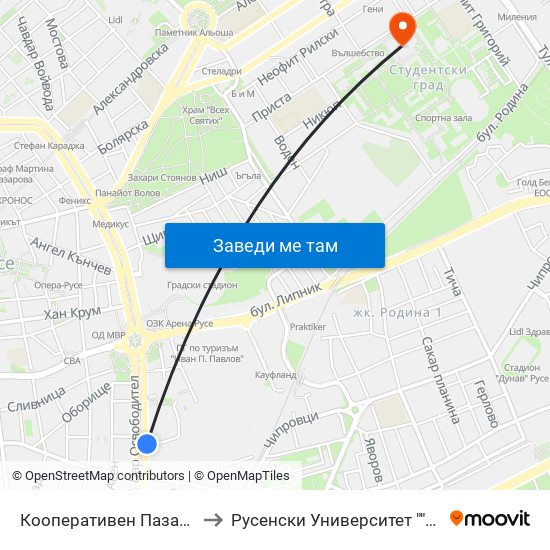 Кооперативен Пазар / Cooperative Market to Русенски Университет ""Ангел Кънчев"" - Корпус 2 map