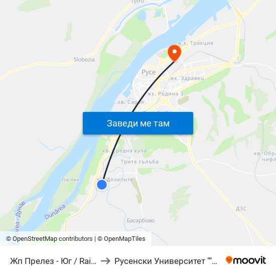 Жп Прелез - Юг / Railway Crossing - South to Русенски Университет ""Ангел Кънчев"" - Корпус 2 map