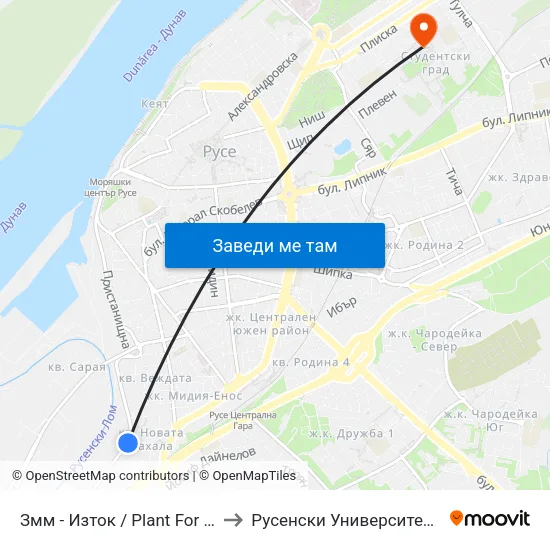 Змм - Изток / Plant For Metal Cutting Machines - East to Русенски Университет ""Ангел Кънчев"" - Корпус 2 map