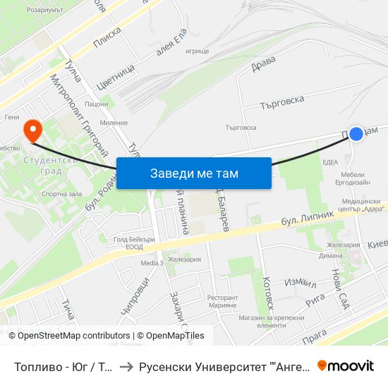 Топливо - Юг / Toplivo - South to Русенски Университет ""Ангел Кънчев"" - Корпус 2 map