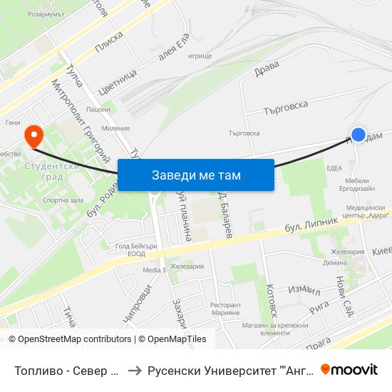 Топливо - Север / Toplivo - North to Русенски Университет ""Ангел Кънчев"" - Корпус 2 map