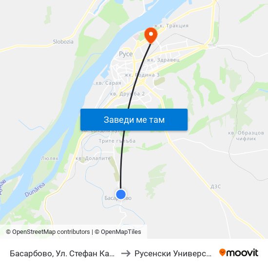 Басарбово, Ул. Стефан Караджа / Basarbovo, Stefan Karadzha Street to Русенски Университет ""Ангел Кънчев"" - Корпус 2 map