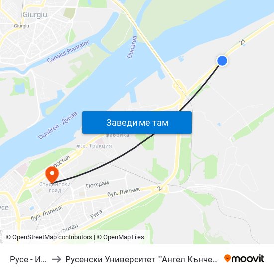 Русе - Изход to Русенски Университет ""Ангел Кънчев"" - Корпус 2 map