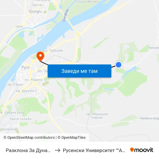 Разклона За Дунарит (Посока Русе) to Русенски Университет ""Ангел Кънчев"" - Корпус 2 map