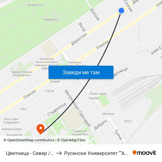 Цветница - Север / Tsvetnitsa - Norht to Русенски Университет ""Ангел Кънчев"" - Корпус 2 map