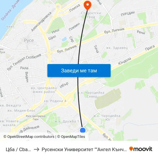 Цба / Cba Store to Русенски Университет ""Ангел Кънчев"" - Корпус 2 map