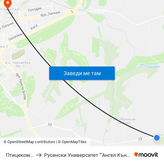 Птицекомбинат to Русенски Университет ""Ангел Кънчев"" - Корпус 2 map