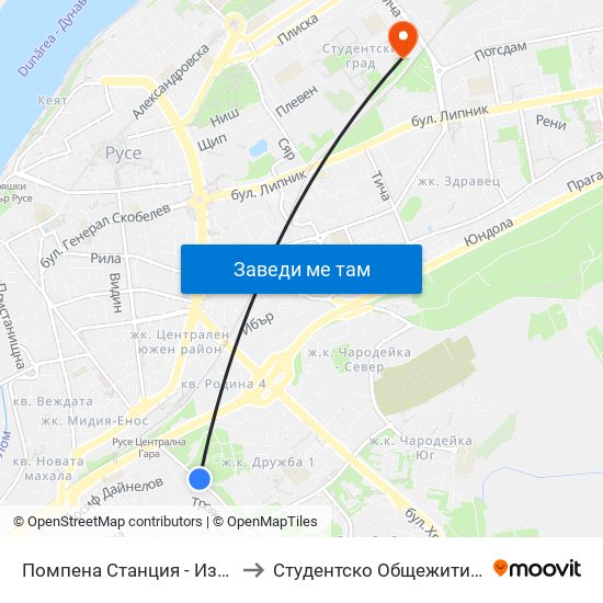 Помпена Станция - Изток to Студентско Общежитие 5 map