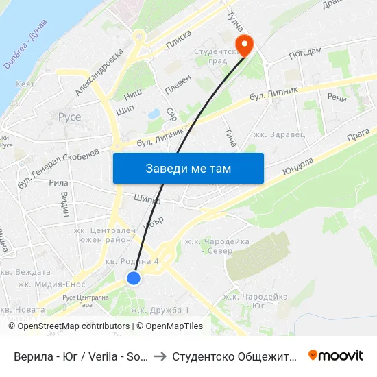Верила - Юг / Verila - South to Студентско Общежитие 5 map