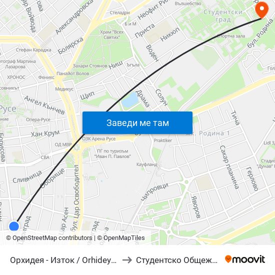 Орхидея - Изток to Студентско Общежитие 5 map