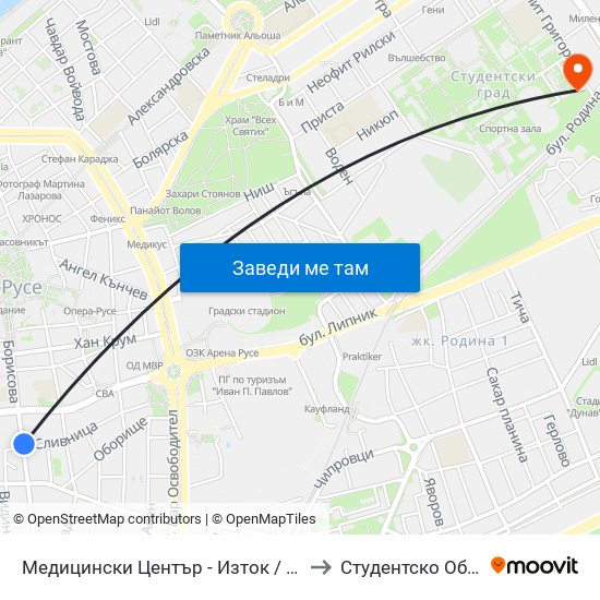 Медицински Център - Изток to Студентско Общежитие 5 map