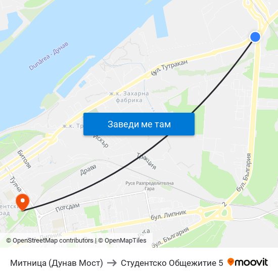 Митница (Дунав Мост) to Студентско Общежитие 5 map