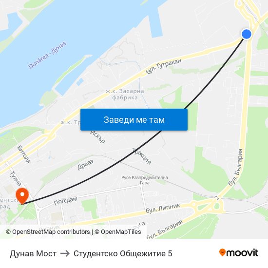 Дунав Мост to Студентско Общежитие 5 map