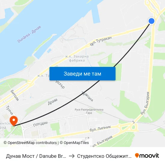 Дунав Мост / Danube Bridge to Студентско Общежитие 5 map
