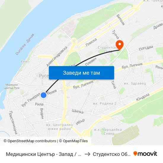 Медицински Център - Запад / Medical Centre - West to Студентско Общежитие 5 map