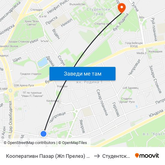 Кооперативн Пазар (Жп Прелез) / Cooperative Market (Railway Crossing) to Студентско Общежитие 5 map