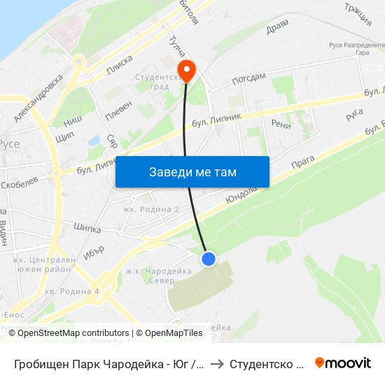 Гробищен Парк Чародейка - Юг / Charodeyka Cemetery - South to Студентско Общежитие 5 map