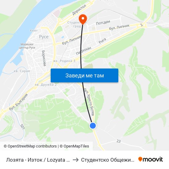 Лозята - Изток / Lozyata - East to Студентско Общежитие 5 map