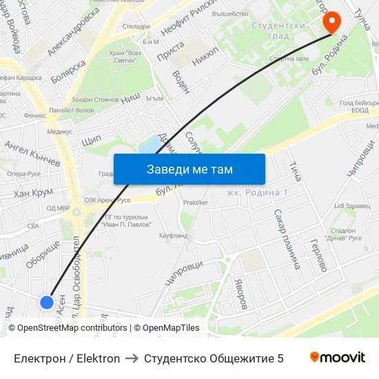 Електрон / Elektron to Студентско Общежитие 5 map