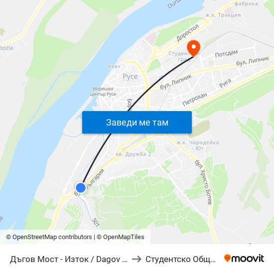 Дъгов Мост - Изток to Студентско Общежитие 5 map