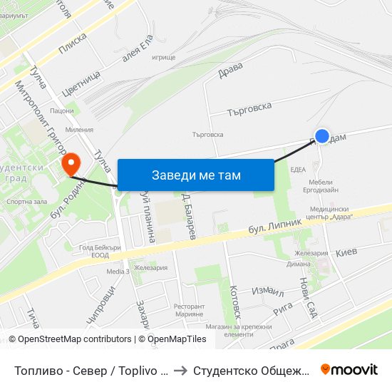 Топливо - Север / Toplivo - North to Студентско Общежитие 5 map