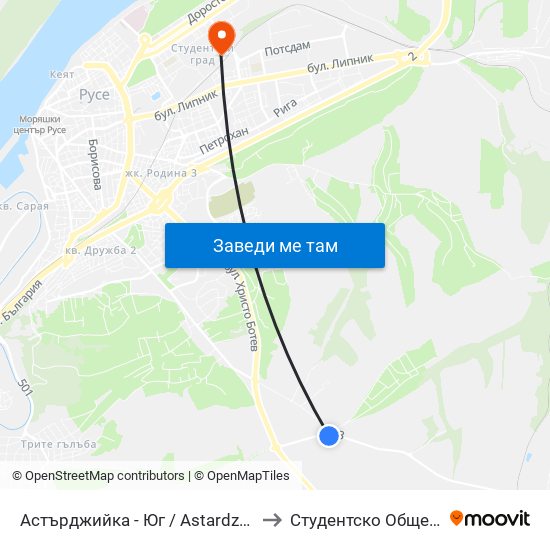 Астърджийка - Юг to Студентско Общежитие 5 map