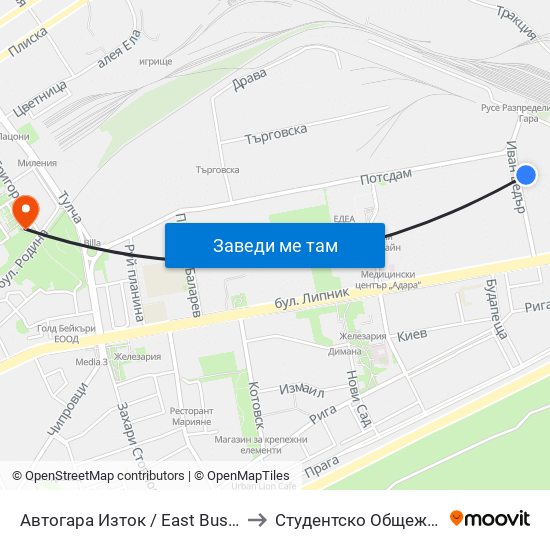 Автогара Изток to Студентско Общежитие 5 map