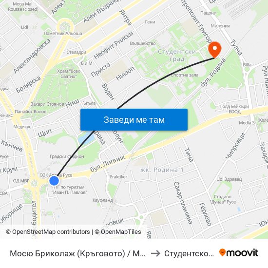 Мосю Бриколаж (Кръговото) / Monseieur Bricolage (The Roundabout) to Студентско Общежитие 5 map