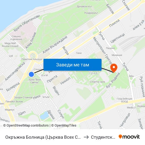 Окръжна Болница (Църква Всех Святих) / District Hospital (All Saints' Church) to Студентско Общежитие 5 map