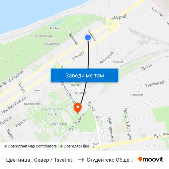 Цветница - Север / Tsvetnitsa - Norht to Студентско Общежитие 5 map