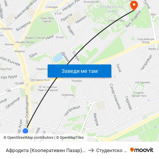 Афродита (Кооперативен Пазар) / Aphrodite (Cooperative Market) to Студентско Общежитие 5 map