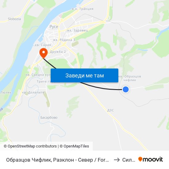 Образцов Чифлик, Разклон - Север / Fork Road For Obraztsov Chiflik - North to Силистра map