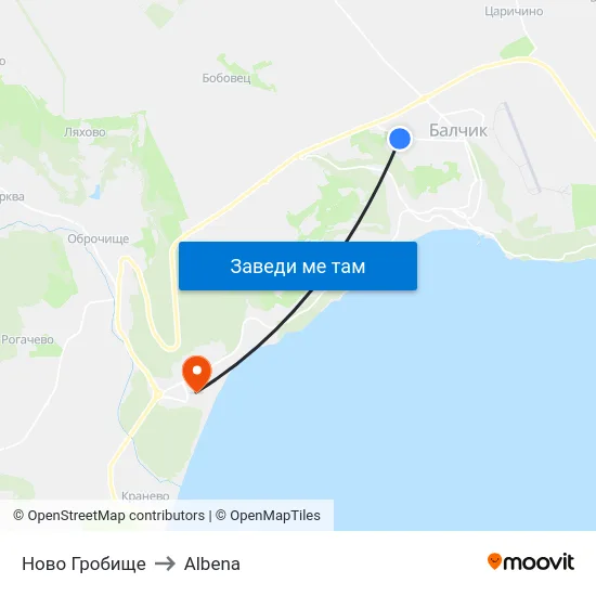 Ново Гробище to Albena map