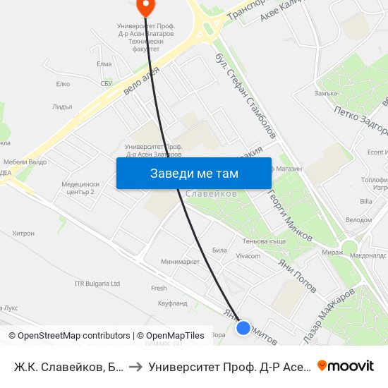 Ж.К. Славейков, Бл. 9 / Slaveykov Qr, Bl. 9 to Университет Проф. Д-Р Асен Златаров Технически Факултет map