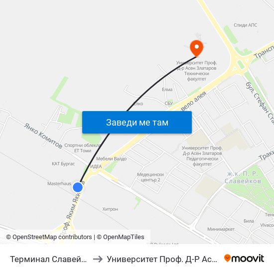 Терминал Славейков / Slaveykov Terminus to Университет Проф. Д-Р Асен Златаров Технически Факултет map