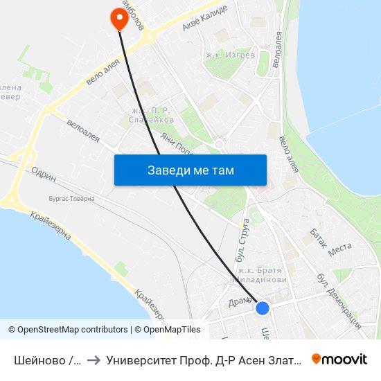 Шейново / Sheynovo to Университет Проф. Д-Р Асен Златаров Технически Факултет map