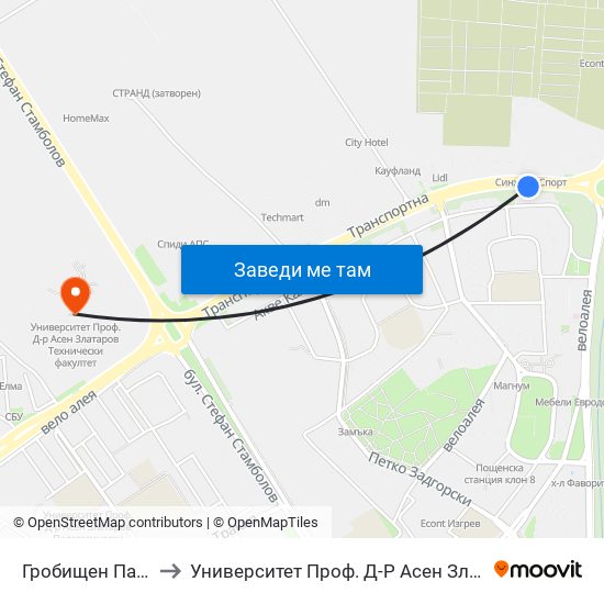 Гробищен Парк / Cemetery to Университет Проф. Д-Р Асен Златаров Технически Факултет map