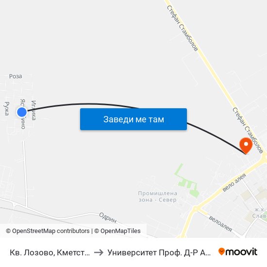 Кв. Лозово, Кметство / Lozovo Qr, Municipality to Университет Проф. Д-Р Асен Златаров Технически Факултет map