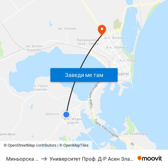 Миньорска / Minyorska to Университет Проф. Д-Р Асен Златаров Технически Факултет map