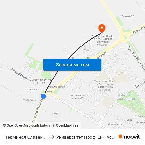 Терминал Славейков / Slaveykov Terminus to Университет Проф. Д-Р Асен Златаров Технически Факултет map